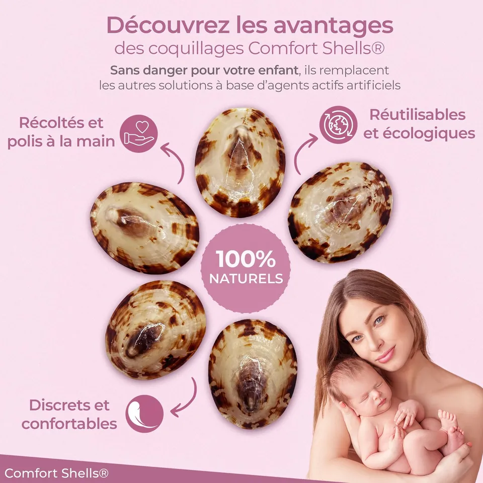 Coquillages d'allaitement en nacre naturelle et maman avec son nouveau-né